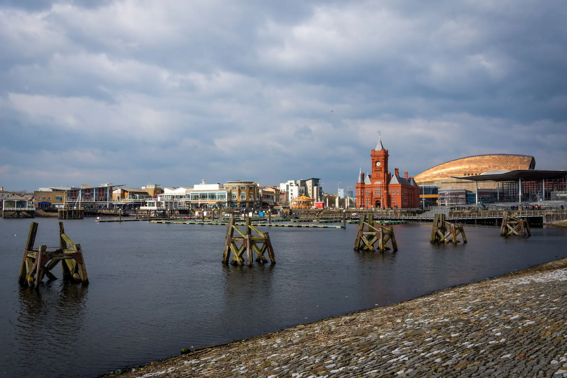 Cardiff Bay waterfront with the Pierhead Building and Wales Millennium Centre