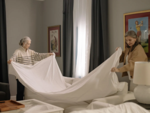 Two women spreading a clean sheet over a bed in a tidy living room